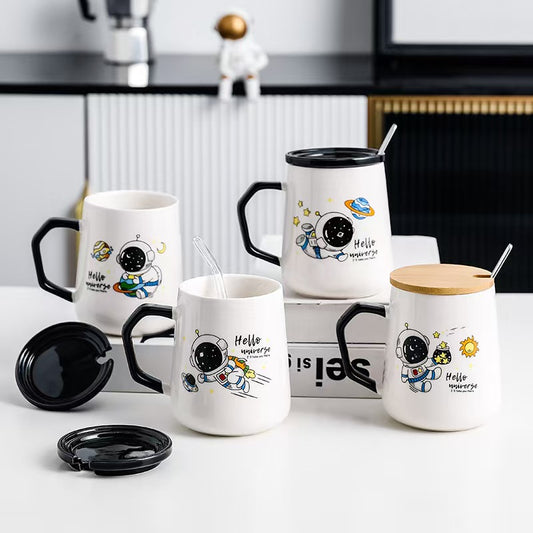 Ceramic Astronaut Mug with cover + spoon+ straw Gift Packing