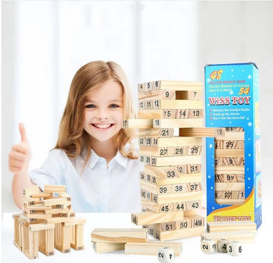 Classic Wooden Stack Game with Numbers and Dice for Party Games