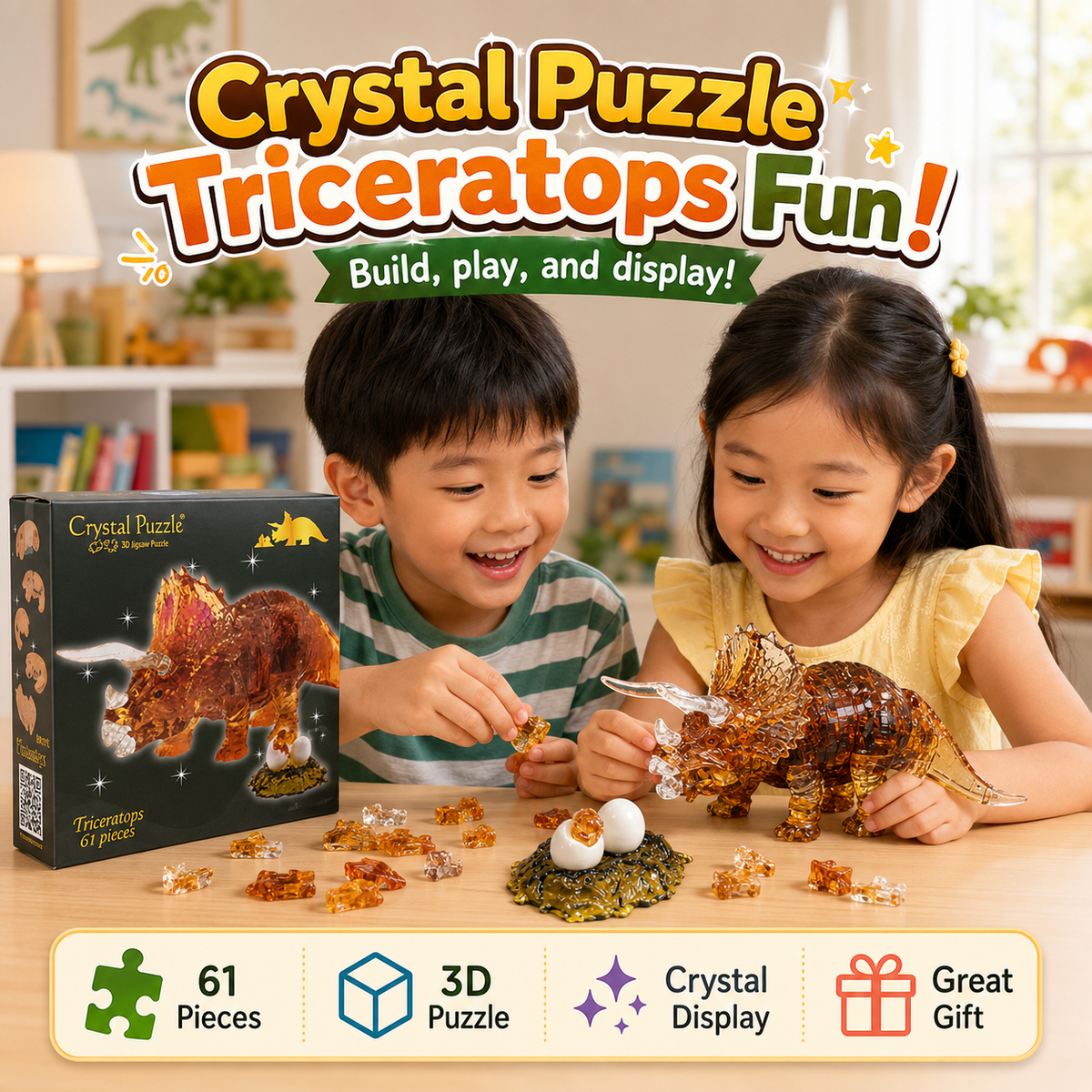 Play N Learn 3D Crystal Puzzle Triceratops | Dinosaur Gift & Brain Teaser