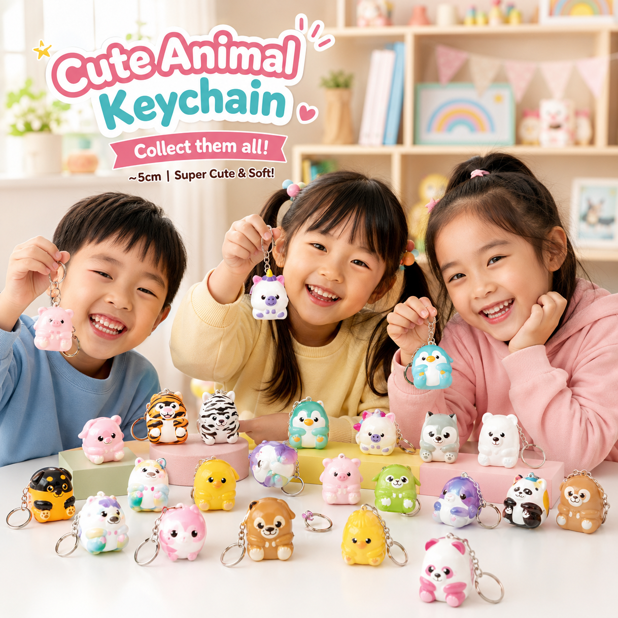 Play N Learn Fidget Stress Squishy Mini Animal Keychain | 3pcs Set (Random Designs)