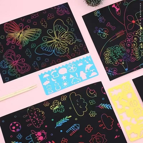 Creative Scratch Art Black Paper with Fun Stencil ( random colour )