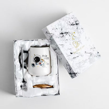 Play N Learn Ceramic Astronaut Mug with Cover, Spoon & Straw | Space Lover Gift Set