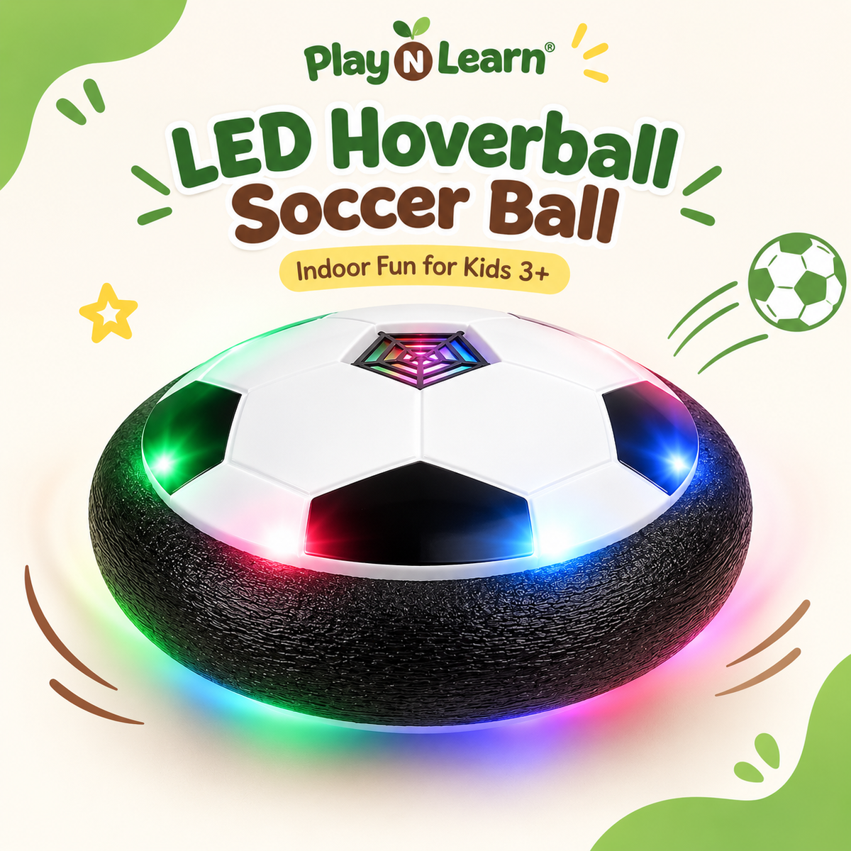 Play N Learn LED Hoverball Soccer Ball | Indoor Floating Football Toy for Kids 3+