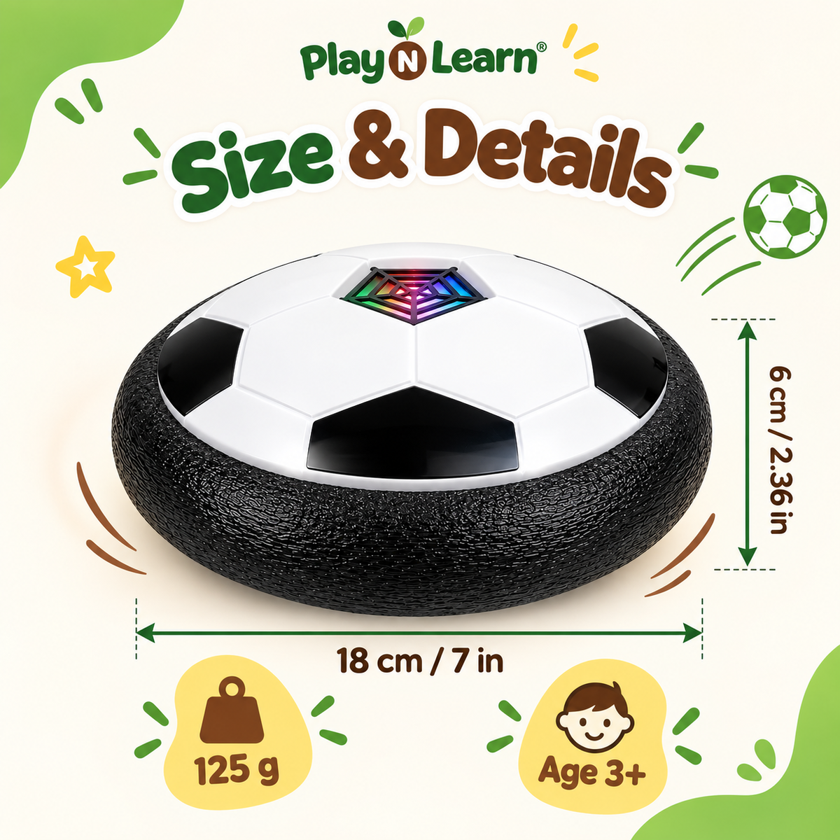 Play N Learn LED Hoverball Soccer Ball | Indoor Floating Football Toy for Kids 3+