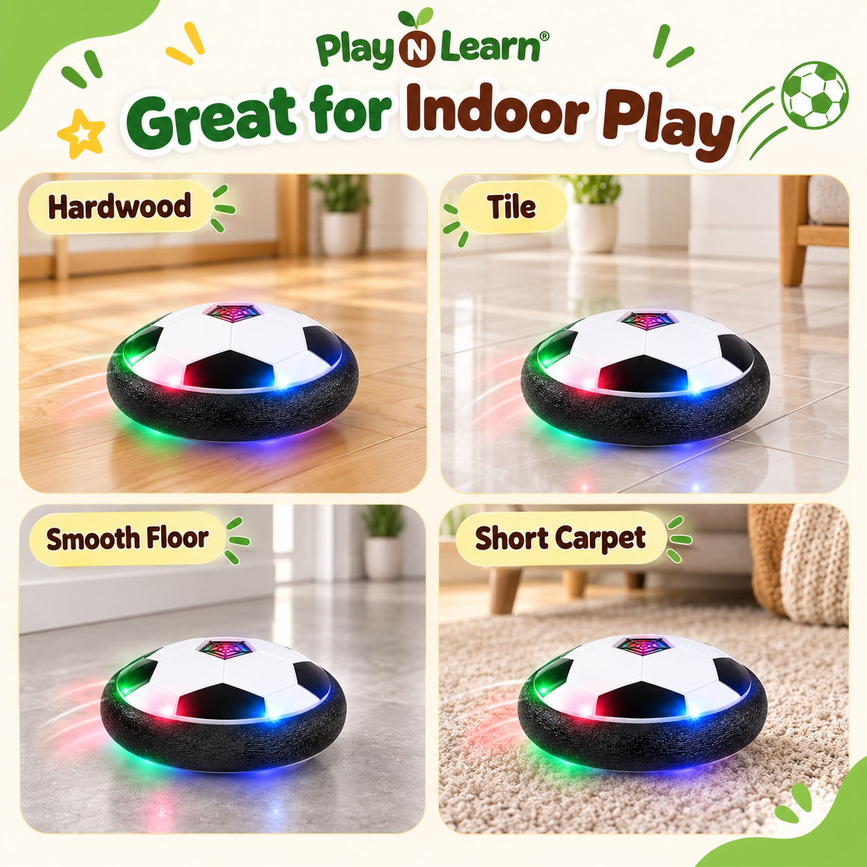 Play N Learn LED Hoverball Soccer Ball | Indoor Floating Football Toy for Kids 3+