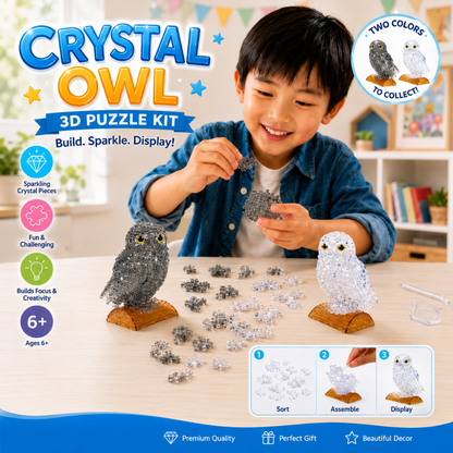 Play N Learn 3D Crystal Puzzle Clear/Black Owl | STEM Jigsaw Brain Teaser