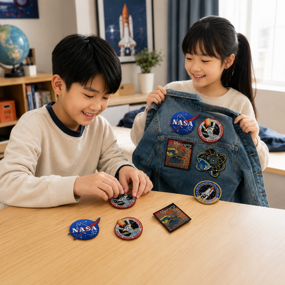 Play N Learn Embroidered Space Badge Iron-On Patches | NASA-Themed Decorative Set