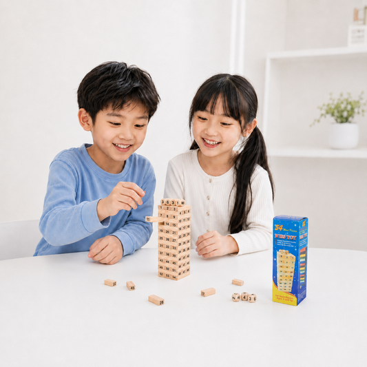 Play N Learn Classic Wooden Stack Game with Numbers & Dice | Family Party Game