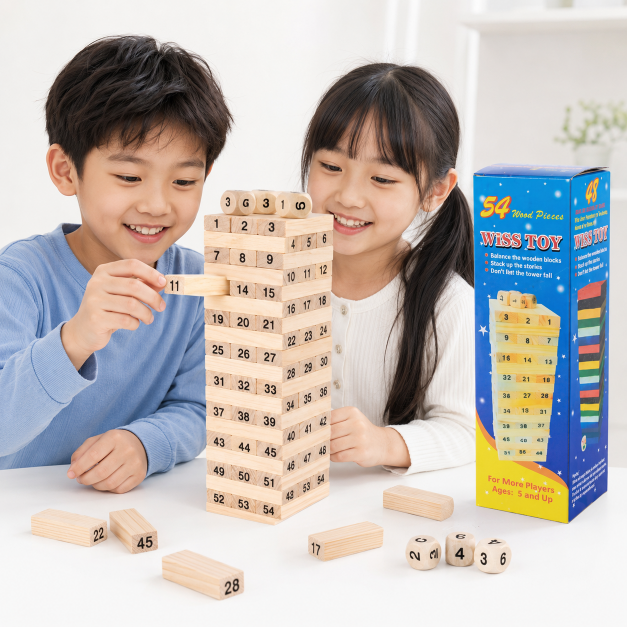 Play N Learn Classic Wooden Stack Game with Numbers & Dice | Family Party Game