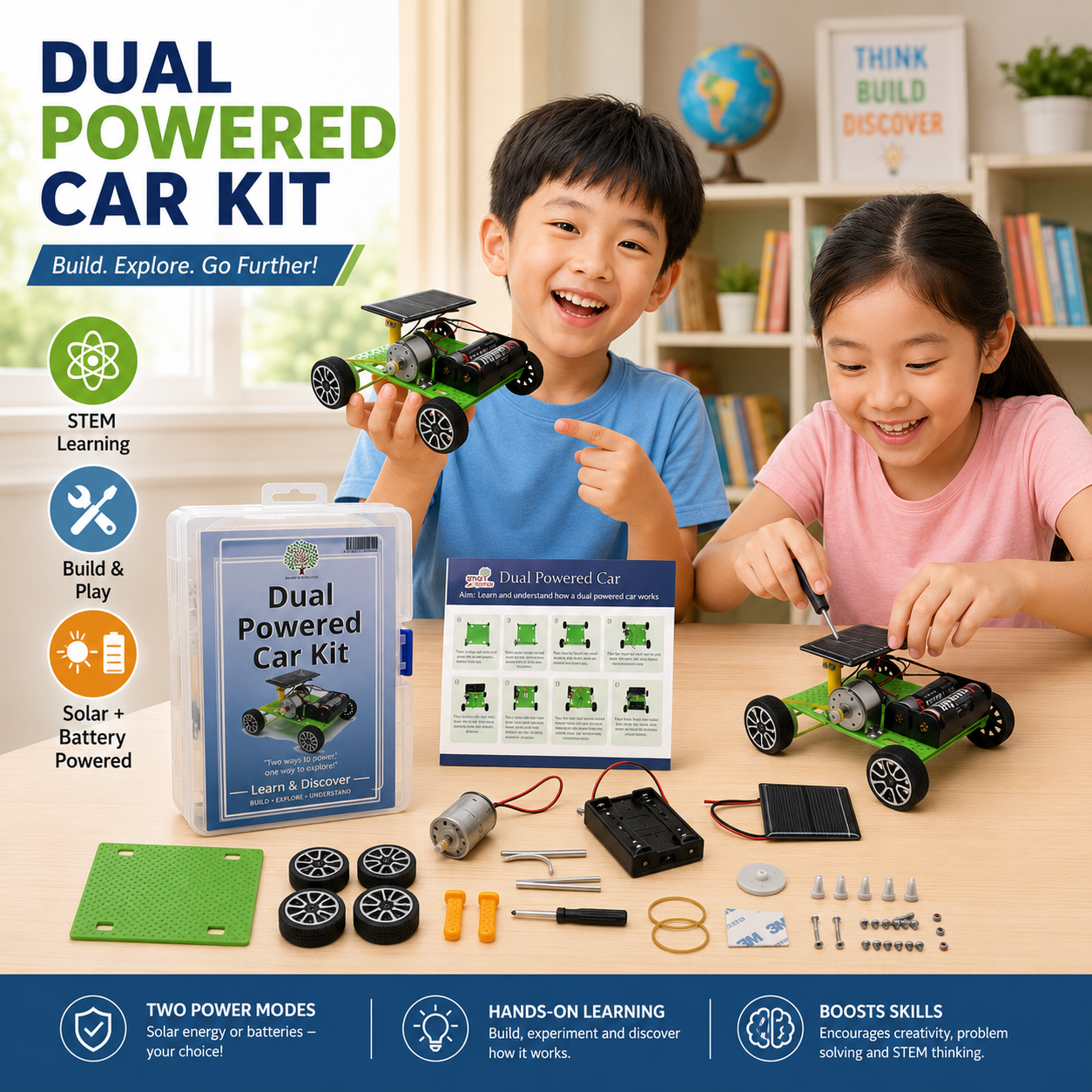 Play N Learn Self-Assembly Dual Powered Solar & Battery Car Kit | STEM Energy Science